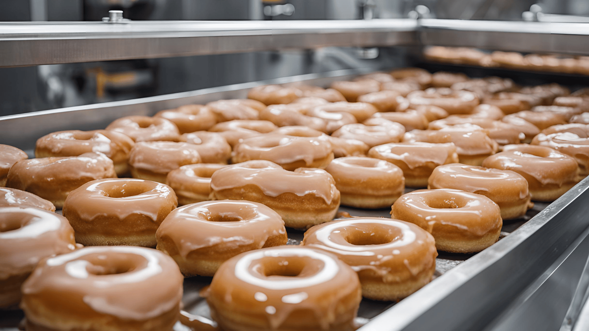 Donuts being oil glazed by Saturn Spraying Food Spraying Machines