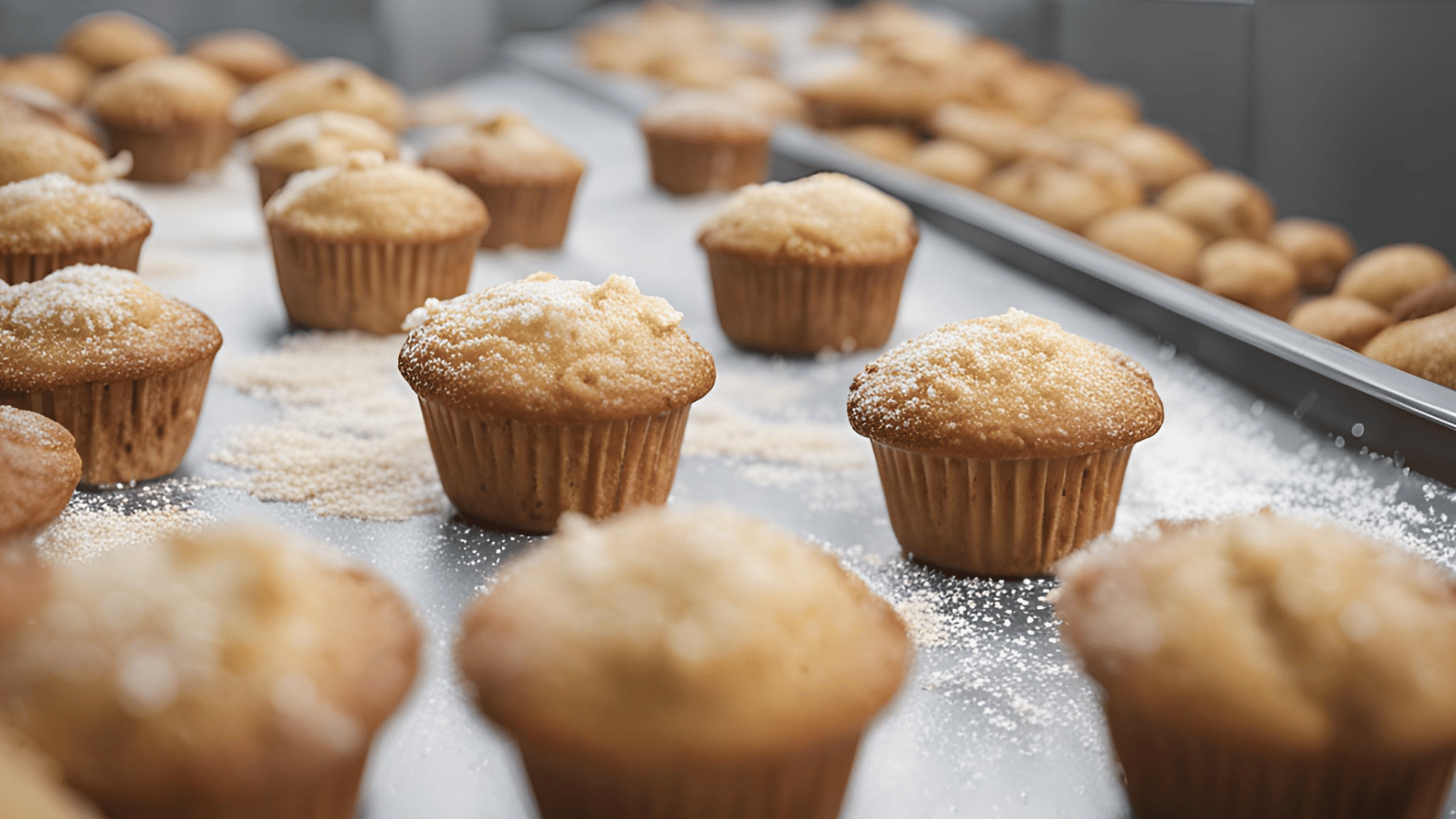 Muffins being sprinkled by Saturn Spraying Machines